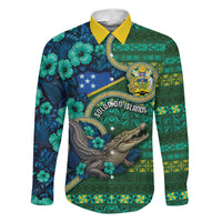 Personalised Solomon Islands Independence Day Family Matching Off Shoulder Maxi Dress and Hawaiian Shirt Crocodile Hibiscus Tribal Pattern DT05 Dad's Shirt - Long Sleeve Green - Polynesian Pride
