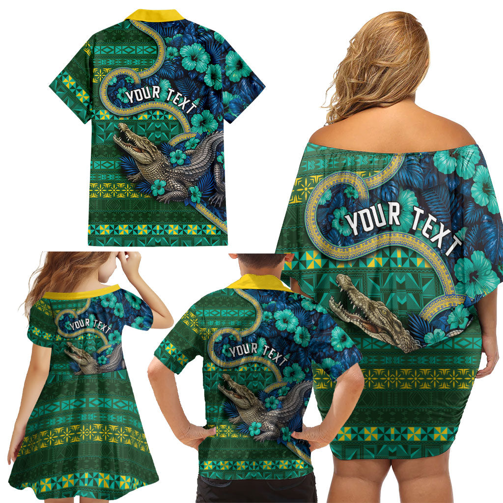 Personalised Solomon Islands Independence Day Family Matching Off Shoulder Short Dress and Hawaiian Shirt Crocodile Hibiscus Tribal Pattern DT05 - Polynesian Pride