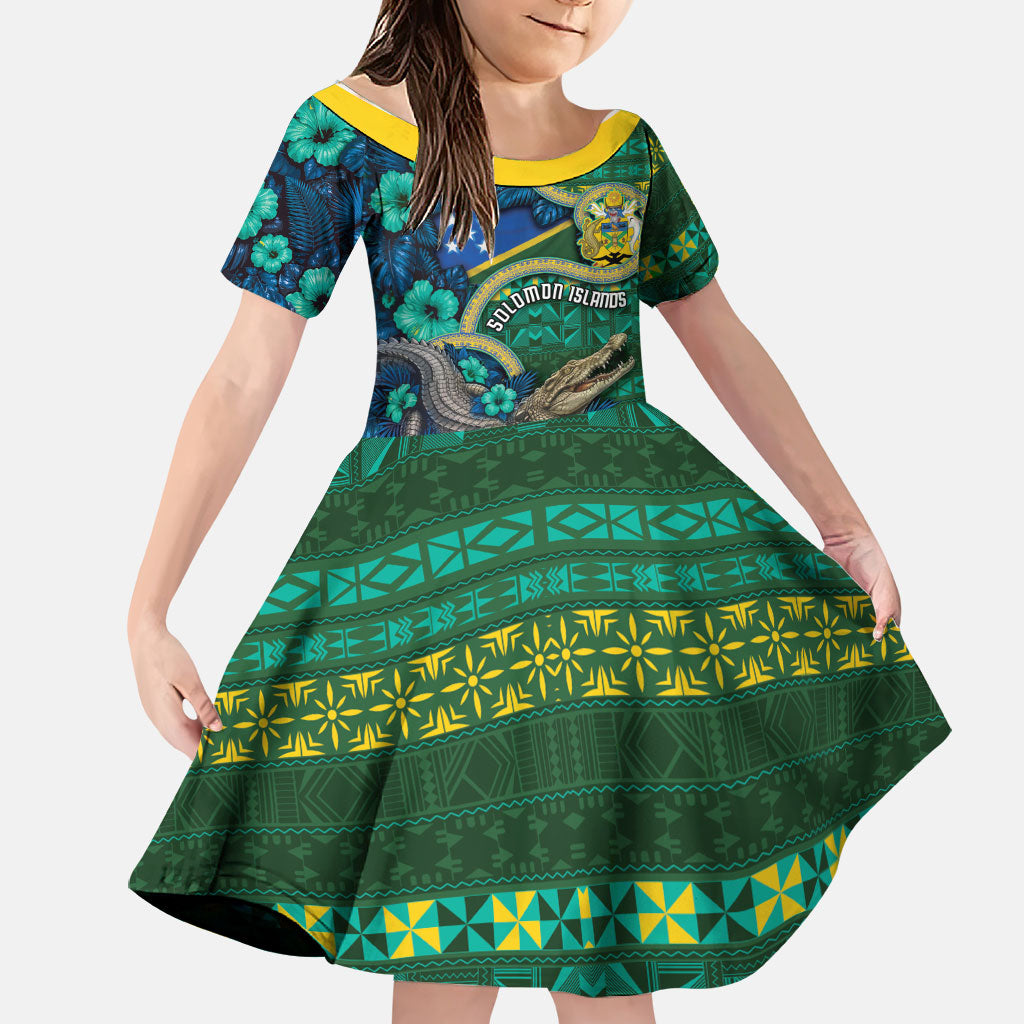 Personalised Solomon Islands Independence Day Family Matching Puletasi and Hawaiian Shirt Crocodile Hibiscus Tribal Pattern DT05 Daughter's Dress Green - Polynesian Pride