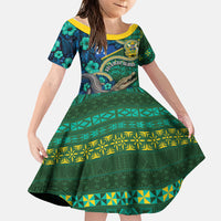 Personalised Solomon Islands Independence Day Family Matching Puletasi and Hawaiian Shirt Crocodile Hibiscus Tribal Pattern DT05 Daughter's Dress Green - Polynesian Pride