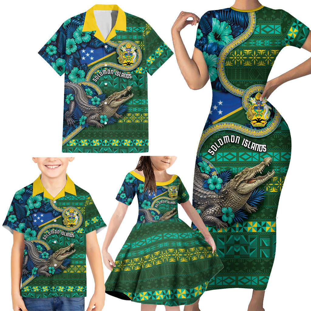 Personalised Solomon Islands Independence Day Family Matching Short Sleeve Bodycon Dress and Hawaiian Shirt Crocodile Hibiscus Tribal Pattern DT05 - Polynesian Pride