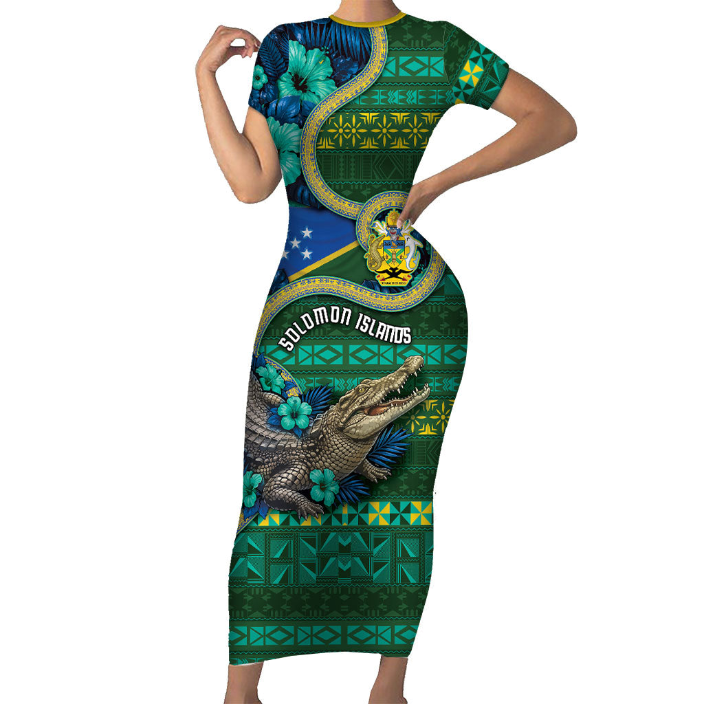 Personalised Solomon Islands Independence Day Family Matching Short Sleeve Bodycon Dress and Hawaiian Shirt Crocodile Hibiscus Tribal Pattern DT05 Mom's Dress Green - Polynesian Pride