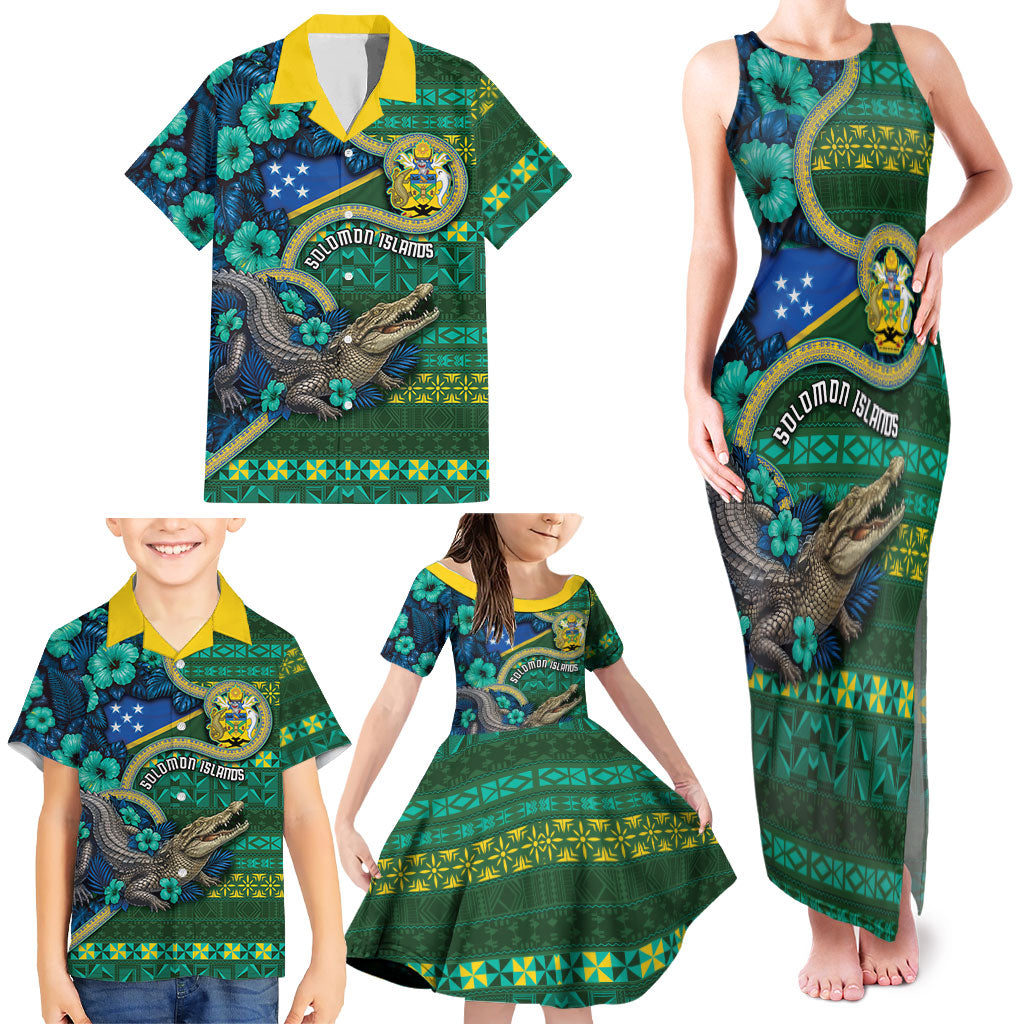 Personalised Solomon Islands Independence Day Family Matching Tank Maxi Dress and Hawaiian Shirt Crocodile Hibiscus Tribal Pattern DT05 - Polynesian Pride