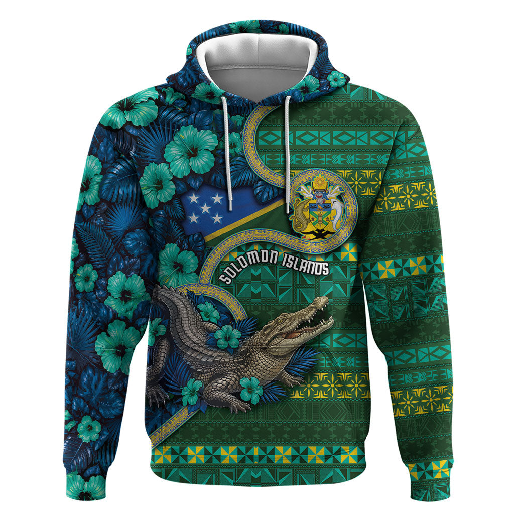 Personalised Solomon Islands Independence Day Hoodie Crocodile Hibiscus Tribal Pattern DT05 Pullover Hoodie Green - Polynesian Pride