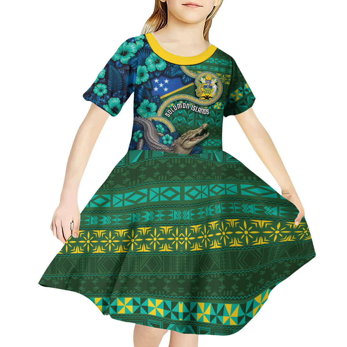 Personalised Solomon Islands Independence Day Kid Short Sleeve Dress Crocodile Hibiscus Tribal Pattern DT05 - Polynesian Pride