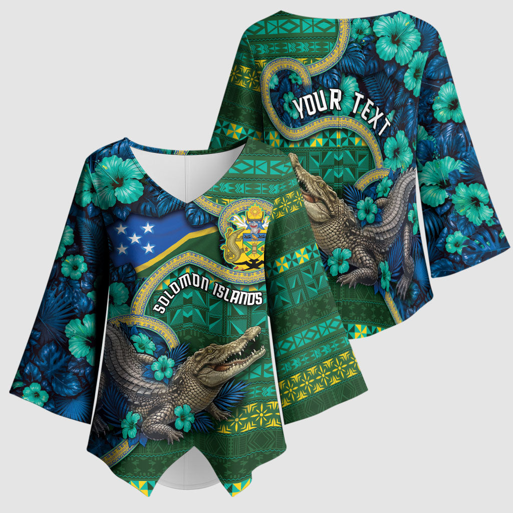 Personalised Solomon Islands Independence Day Kimono Sleeve Blouse Crocodile Hibiscus Tribal Pattern DT05 - Polynesian Pride
