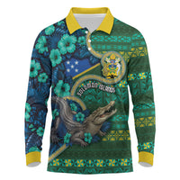 Personalised Solomon Islands Independence Day Long Sleeve Polo Shirt Crocodile Hibiscus Tribal Pattern DT05 Green - Polynesian Pride