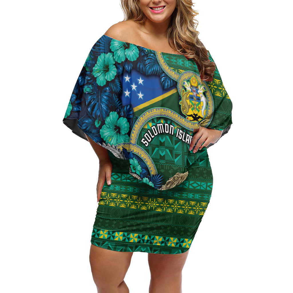 Personalised Solomon Islands Independence Day Off Shoulder Short Dress Crocodile Hibiscus Tribal Pattern DT05 Women Green - Polynesian Pride