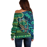 Personalised Solomon Islands Independence Day Off Shoulder Sweater Crocodile Hibiscus Tribal Pattern DT05 - Polynesian Pride