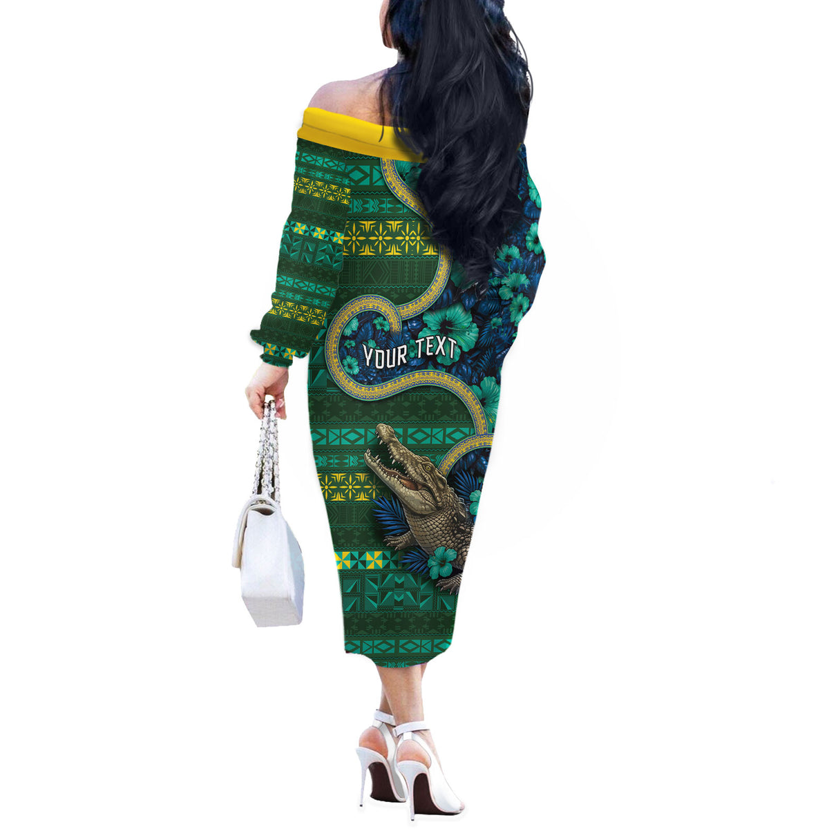Personalised Solomon Islands Independence Day Off The Shoulder Long Sleeve Dress Crocodile Hibiscus Tribal Pattern DT05 - Polynesian Pride