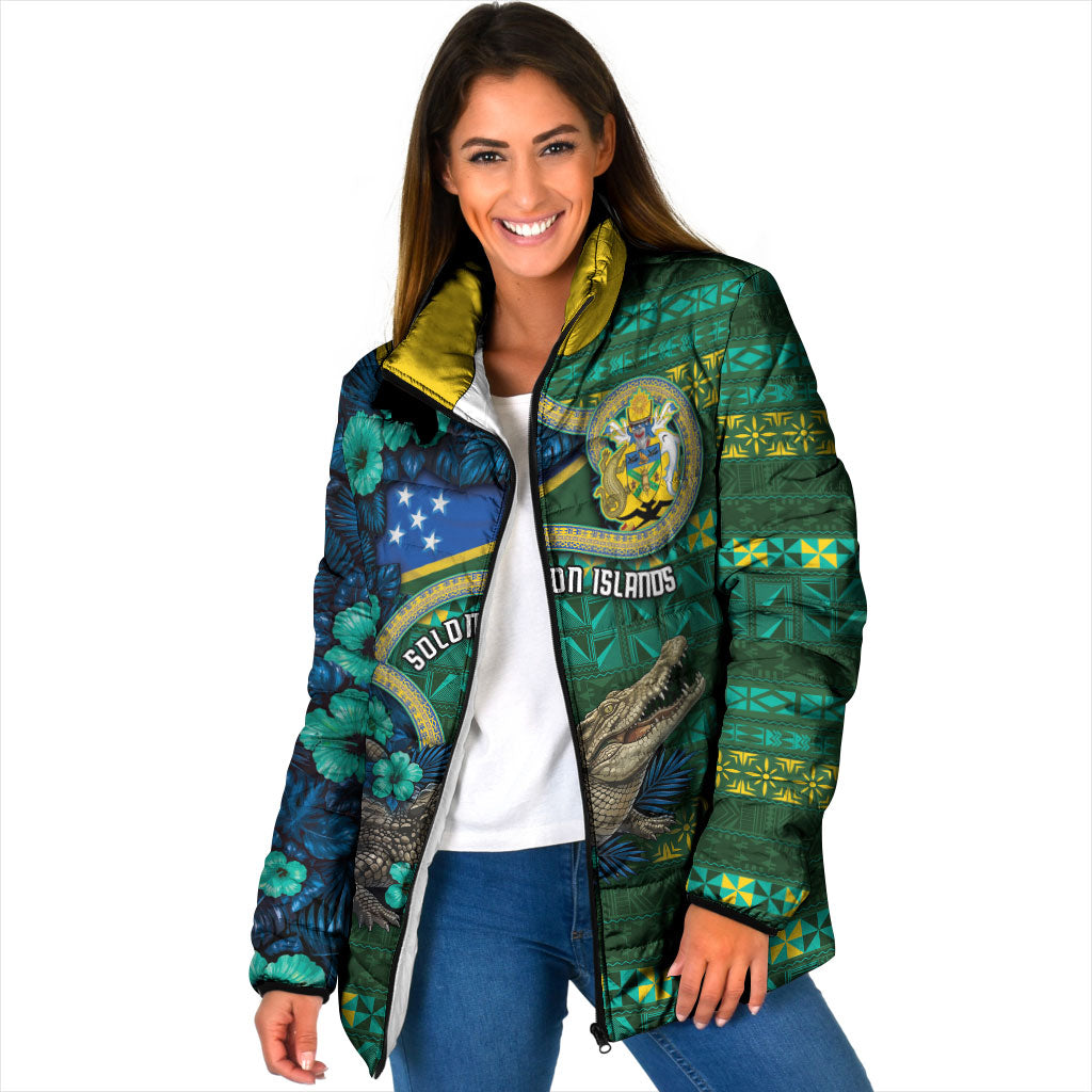 Personalised Solomon Islands Independence Day Padded Jacket Crocodile Hibiscus Tribal Pattern DT05 Women Green - Polynesian Pride