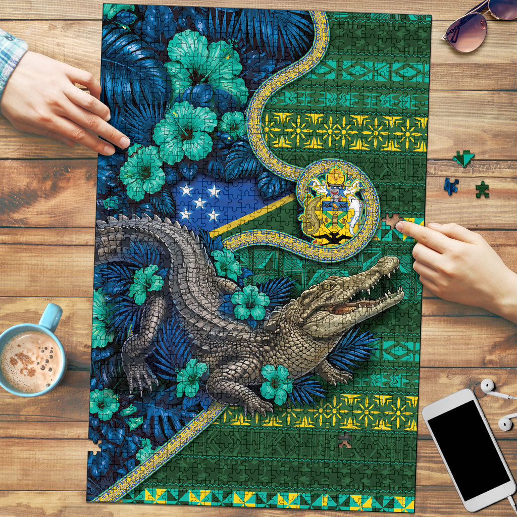 Solomon Islands Independence Day Puzzle Crocodile Hibiscus Tribal Pattern DT05 Green - Polynesian Pride