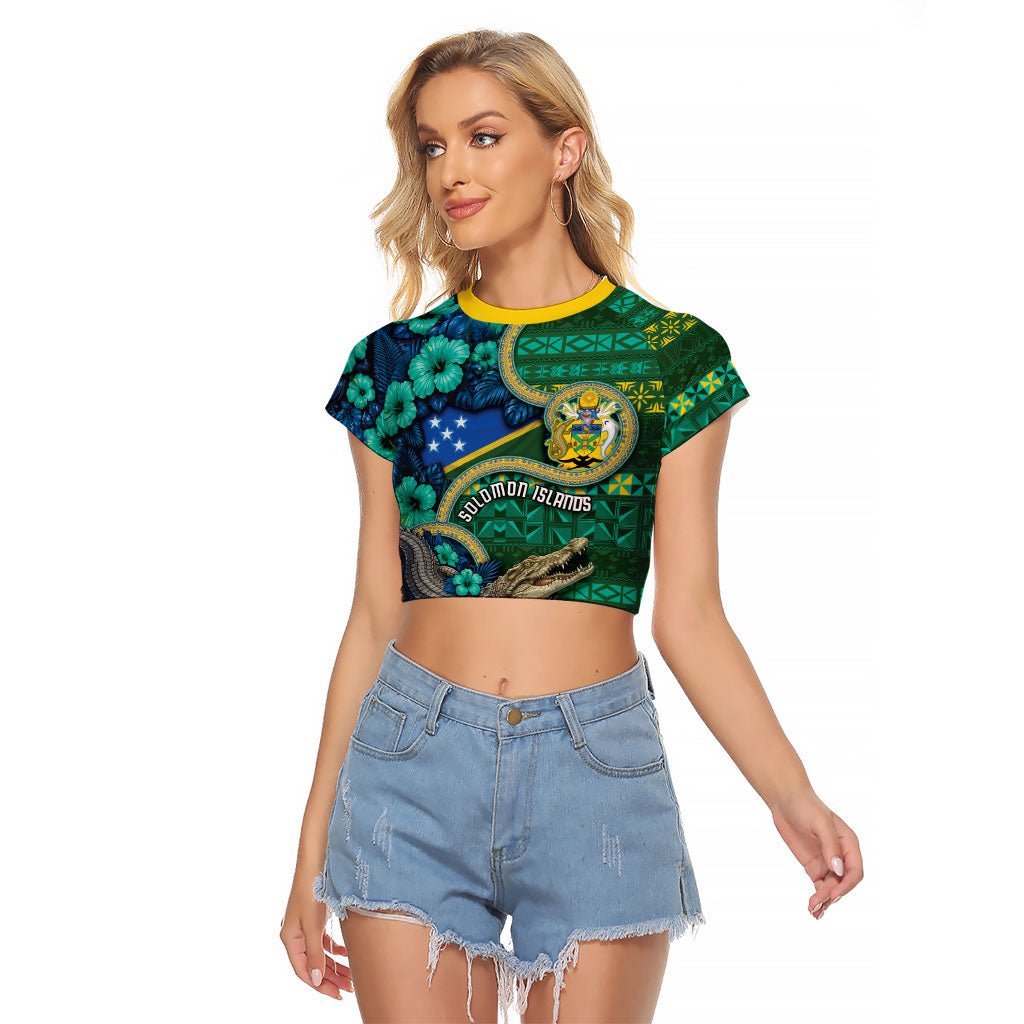 Personalised Solomon Islands Independence Day Raglan Cropped T Shirt Crocodile Hibiscus Tribal Pattern DT05 Female Green - Polynesian Pride