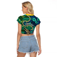 Personalised Solomon Islands Independence Day Raglan Cropped T Shirt Crocodile Hibiscus Tribal Pattern DT05 - Polynesian Pride