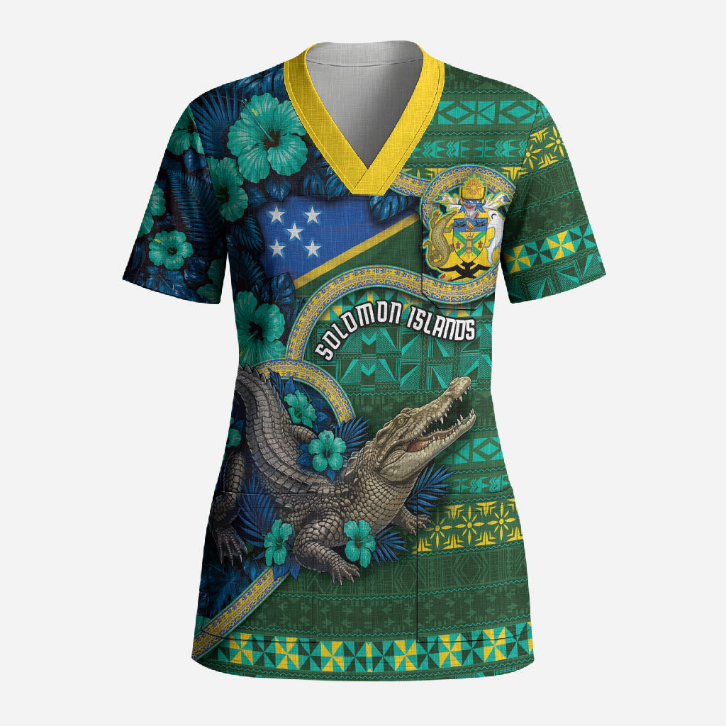 Personalised Solomon Islands Independence Day Scrub Top Crocodile Hibiscus Tribal Pattern DT05 Adult Green - Polynesian Pride