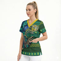 Personalised Solomon Islands Independence Day Scrub Top Crocodile Hibiscus Tribal Pattern DT05 - Polynesian Pride