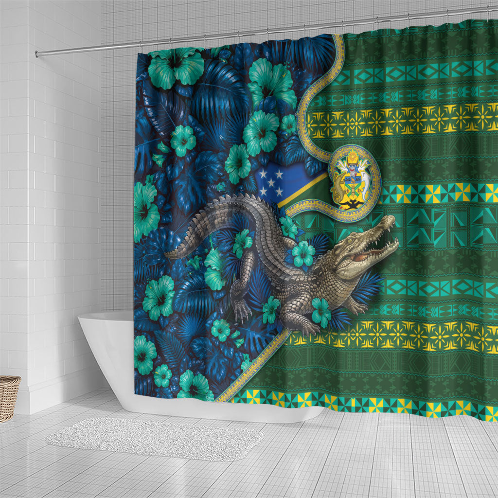 Solomon Islands Independence Day Shower Curtain Crocodile Hibiscus Tribal Pattern DT05 - Polynesian Pride