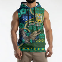 Personalised Solomon Islands Independence Day Sleeveless Hoodie Crocodile Hibiscus Tribal Pattern DT05 - Polynesian Pride