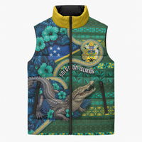 Personalised Solomon Islands Independence Day Sleeveless Puffer Jacket Crocodile Hibiscus Tribal Pattern DT05 Unisex Green - Polynesian Pride