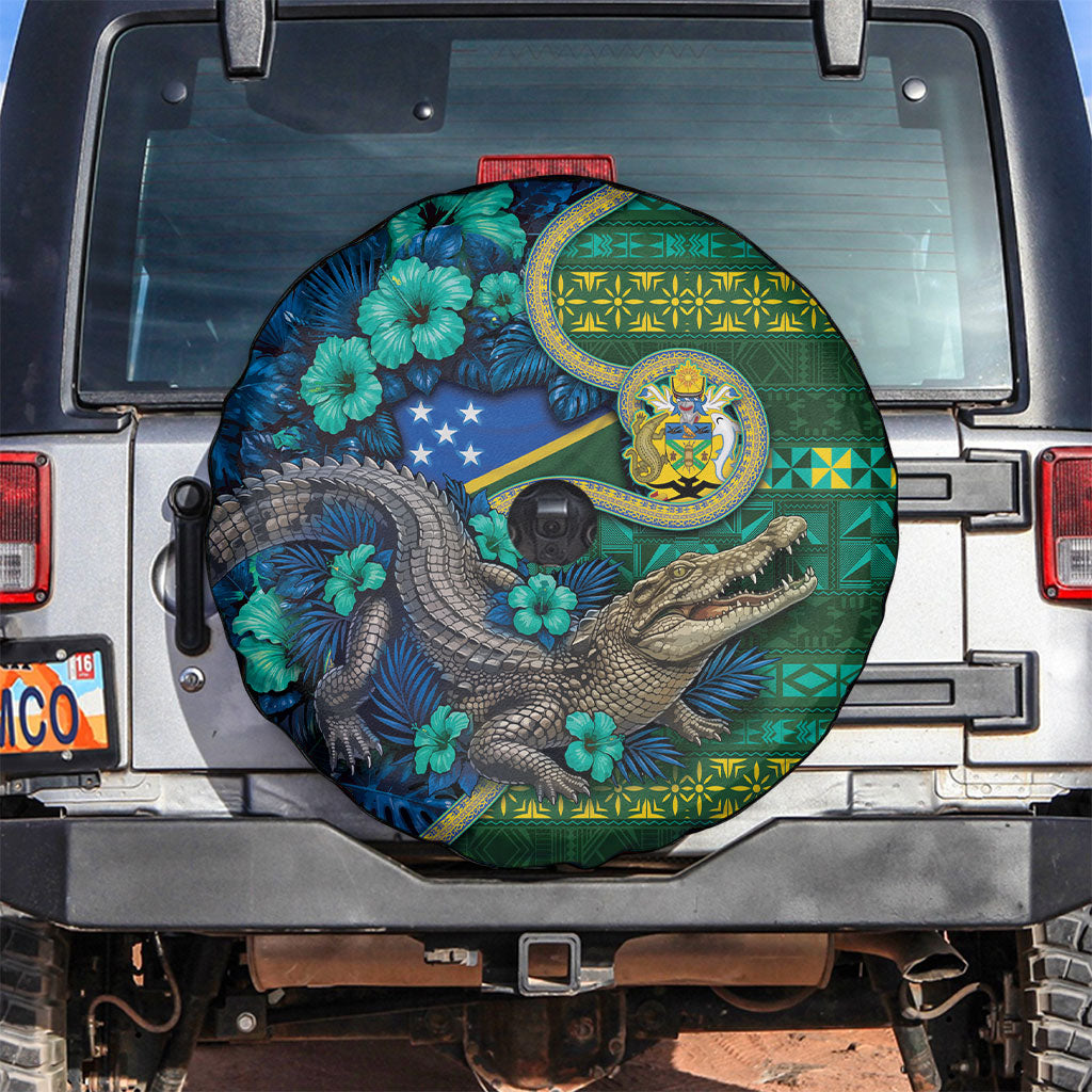 Solomon Islands Independence Day Spare Tire Cover Crocodile Hibiscus Tribal Pattern DT05 Green - Polynesian Pride