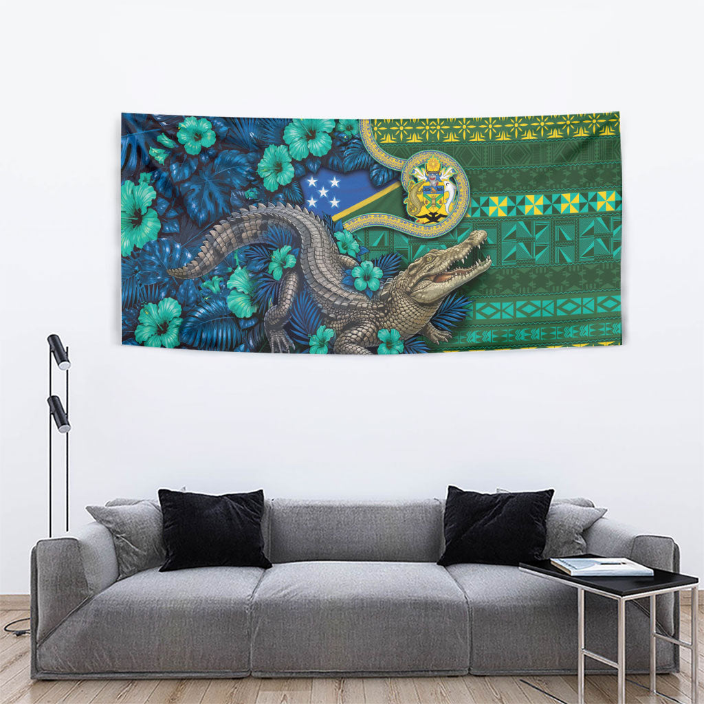 Solomon Islands Independence Day Tapestry Crocodile Hibiscus Tribal Pattern DT05 - Polynesian Pride
