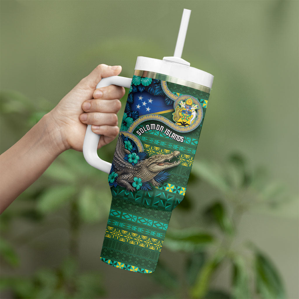 Personalised Solomon Islands Independence Day Tumbler With Handle Crocodile Hibiscus Tribal Pattern DT05 - Polynesian Pride