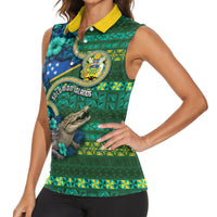Personalised Solomon Islands Independence Day Women Sleeveless Polo Shirt Crocodile Hibiscus Tribal Pattern DT05 - Polynesian Pride
