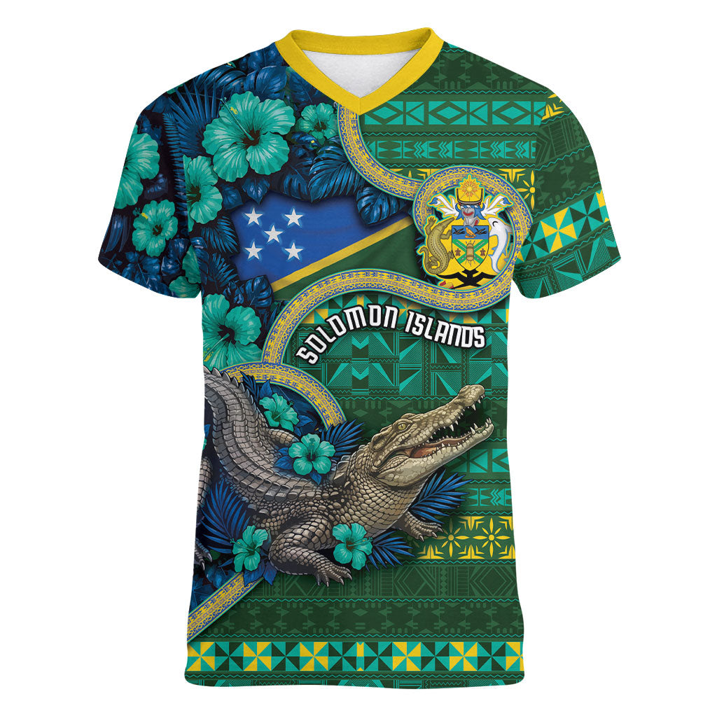 Personalised Solomon Islands Independence Day Women V-Neck T-Shirt Crocodile Hibiscus Tribal Pattern DT05 Female Green - Polynesian Pride