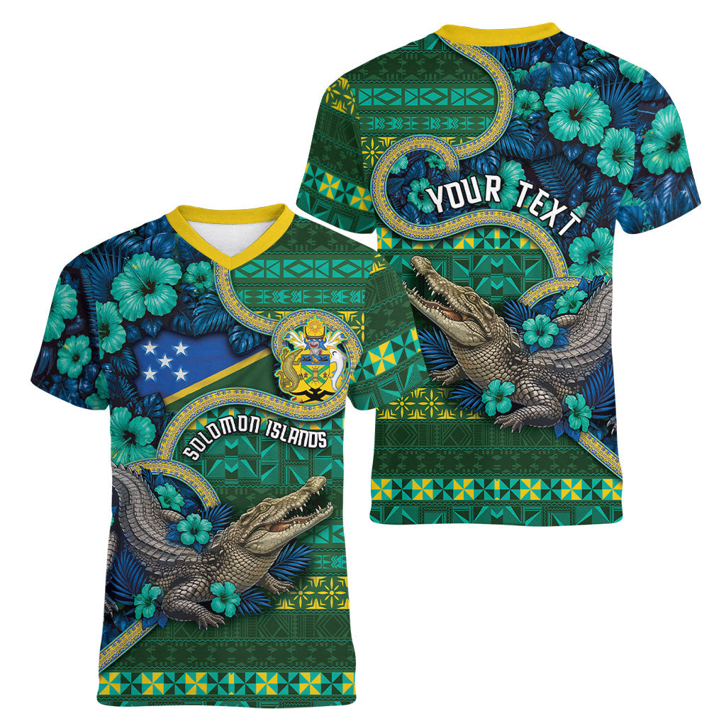 Personalised Solomon Islands Independence Day Women V-Neck T-Shirt Crocodile Hibiscus Tribal Pattern DT05 - Polynesian Pride