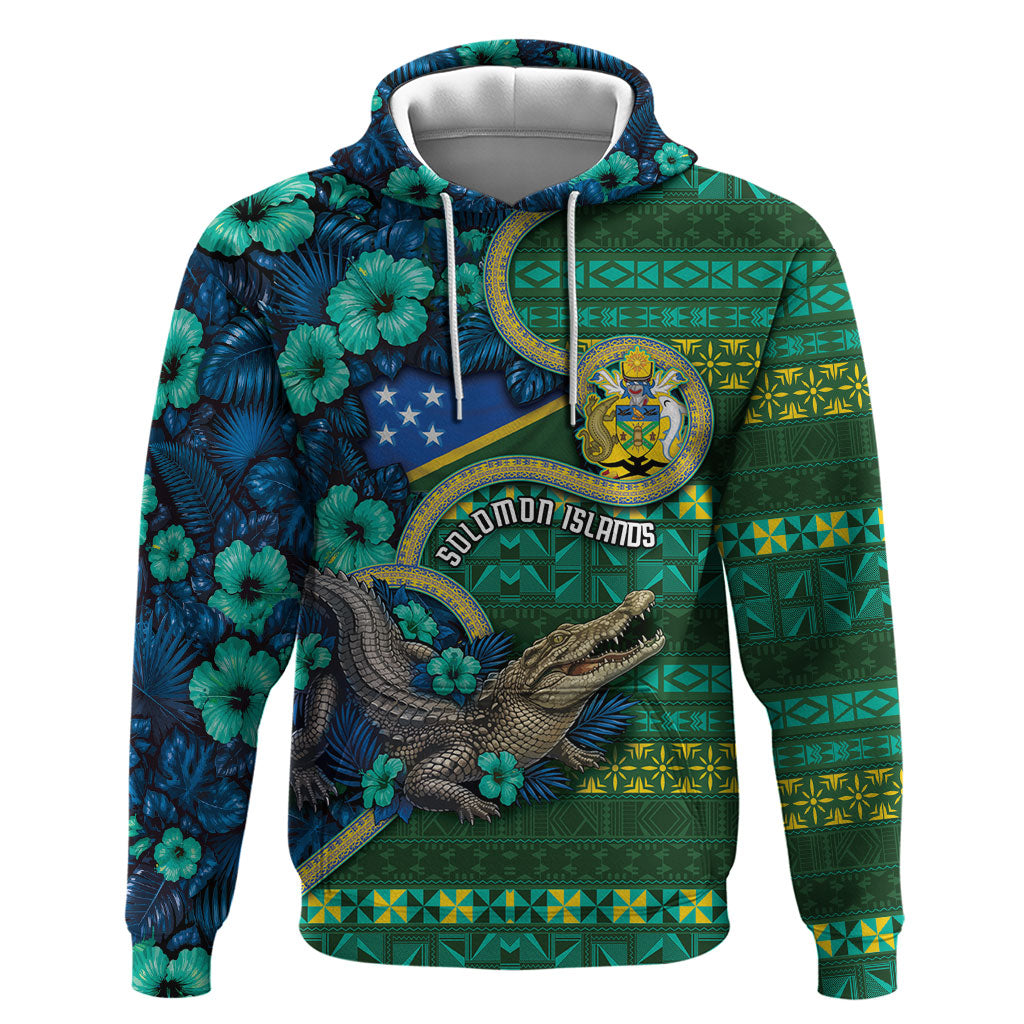 Personalised Solomon Islands Independence Day Zip Hoodie Crocodile Hibiscus Tribal Pattern DT05 Pullover Hoodie Green - Polynesian Pride
