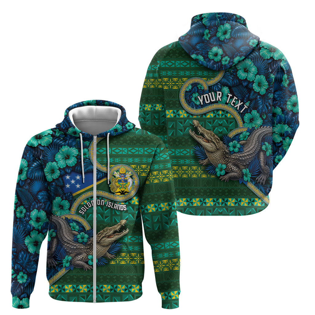 Personalised Solomon Islands Independence Day Zip Hoodie Crocodile Hibiscus Tribal Pattern DT05 - Polynesian Pride