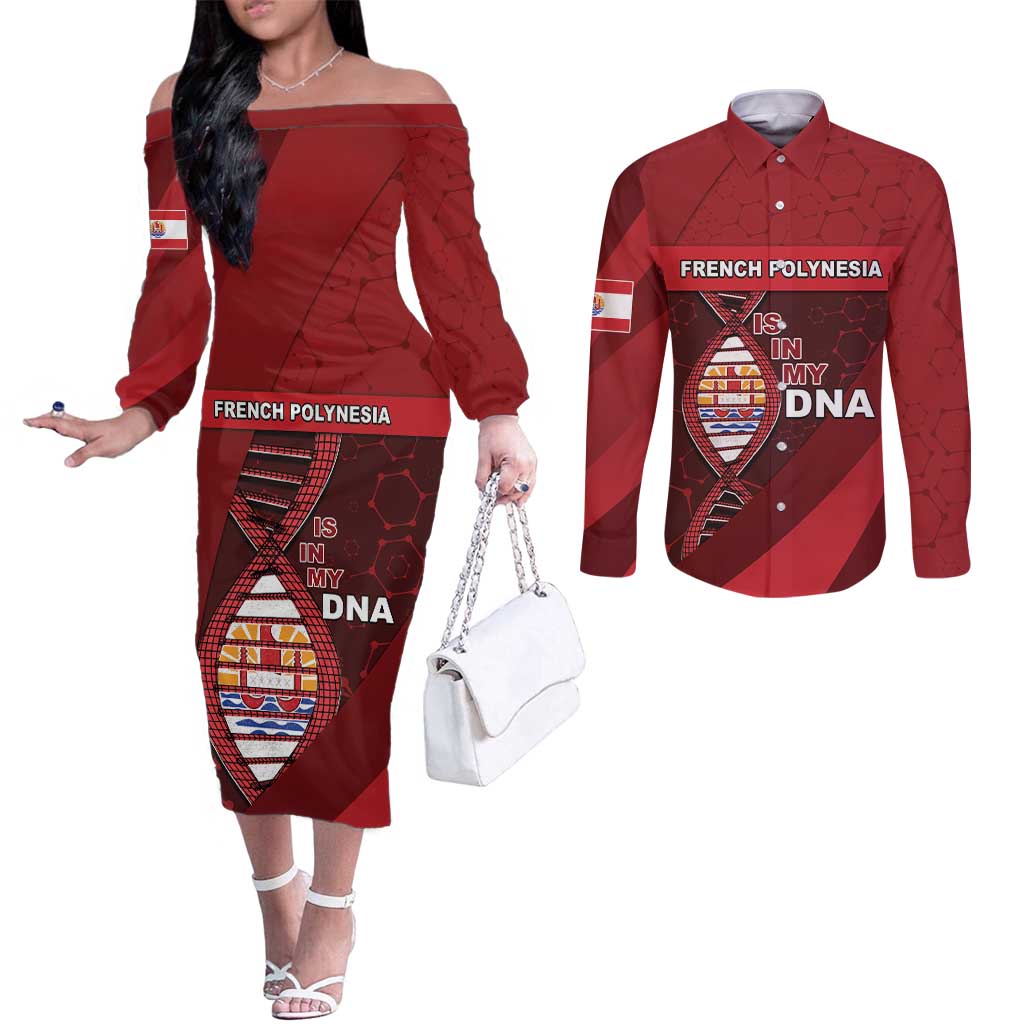 French Polynesia Is In My DNA Couples Matching Off The Shoulder Long Sleeve Dress and Long Sleeve Button Shirt - Polynesian Pride