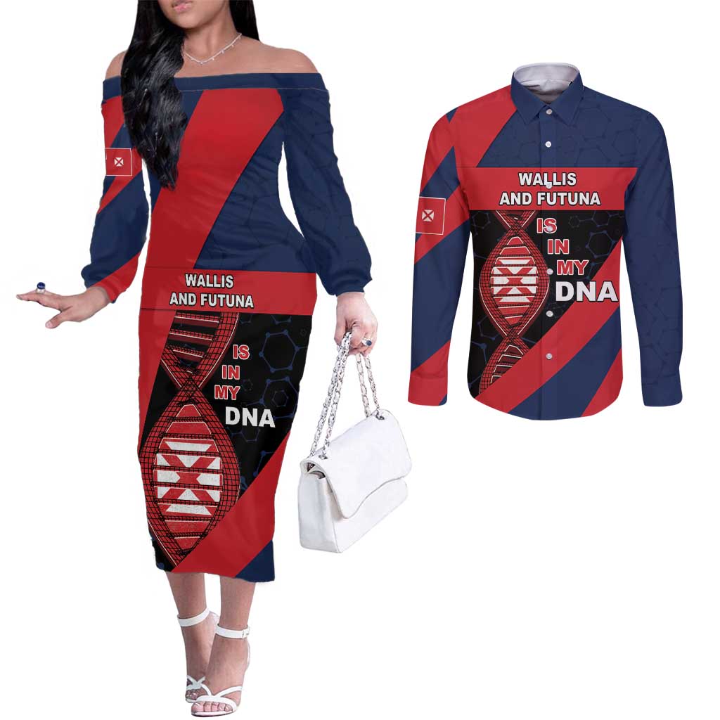 Wallis And Futuna Is In My DNA Couples Matching Off The Shoulder Long Sleeve Dress and Long Sleeve Button Shirt DT05 Multicolor - Polynesian Pride
