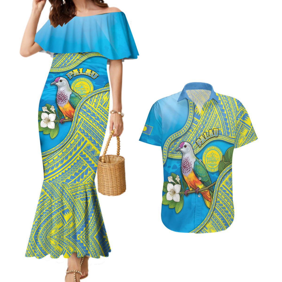 Personalised Palau Biib Bird Couples Matching Mermaid Dress and Hawaiian Shirt Rur Flower And Rock Islands Patterns