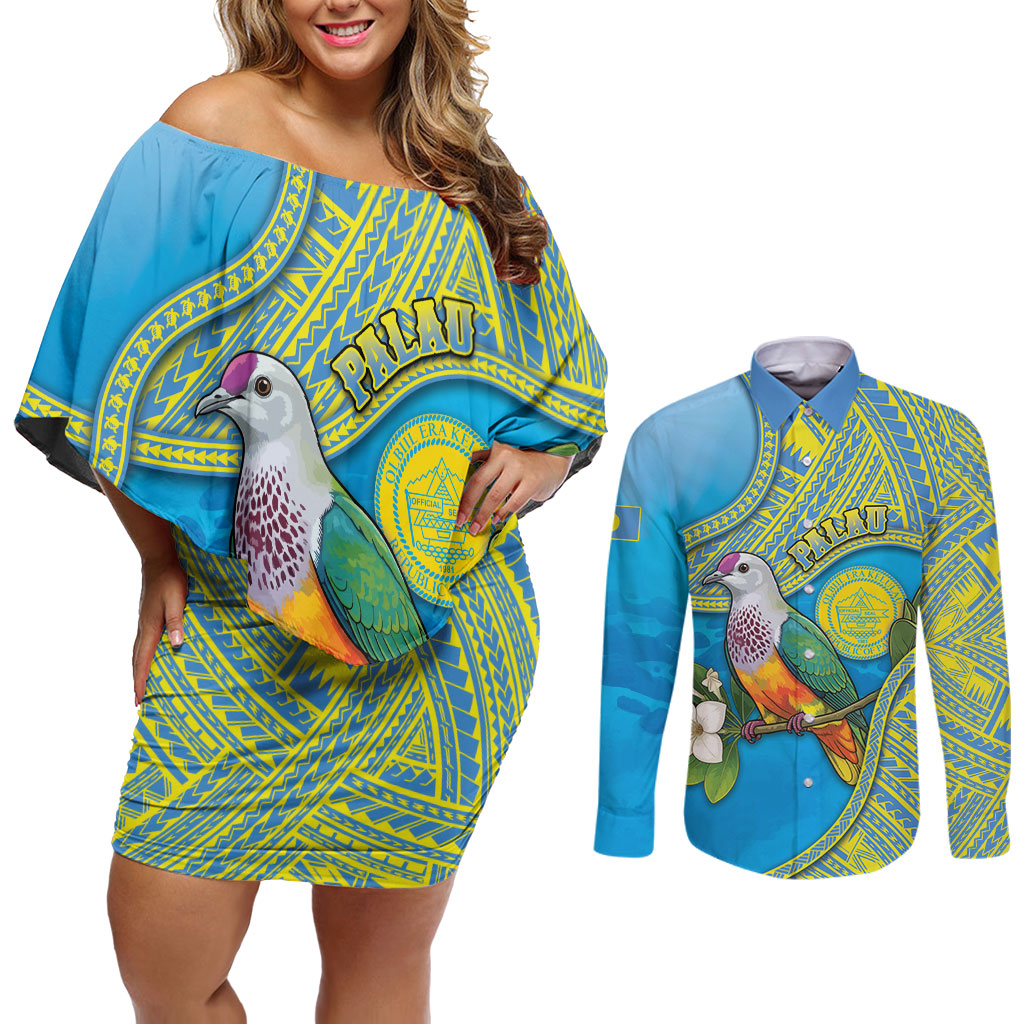 Personalised Palau Biib Bird Couples Matching Off Shoulder Short Dress and Long Sleeve Button Shirt Rur Flower And Rock Islands Patterns