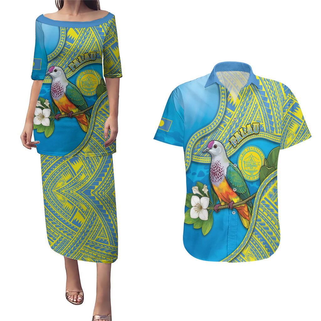Personalised Palau Biib Bird Couples Matching Puletasi and Hawaiian Shirt Rur Flower And Rock Islands Patterns