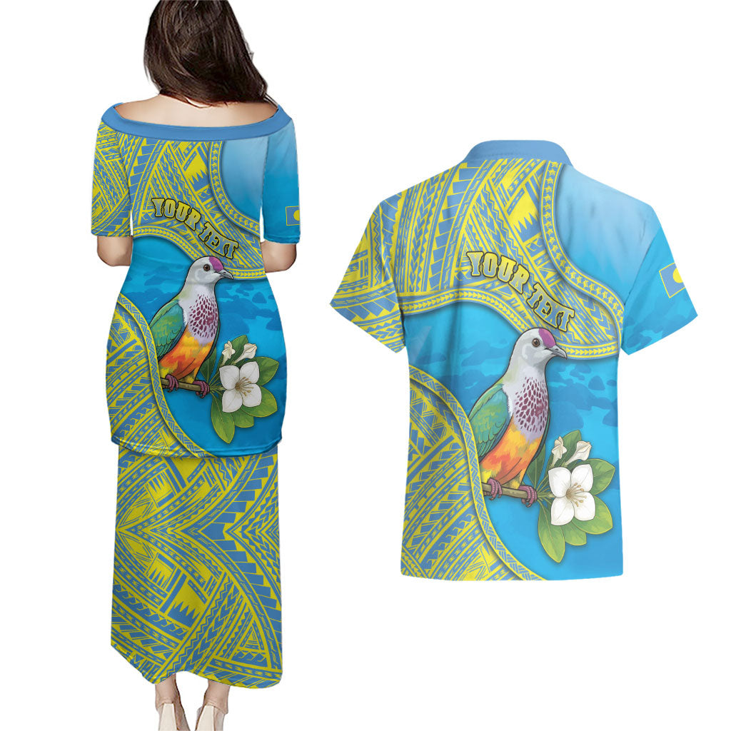 Personalised Palau Biib Bird Couples Matching Puletasi and Hawaiian Shirt Rur Flower And Rock Islands Patterns