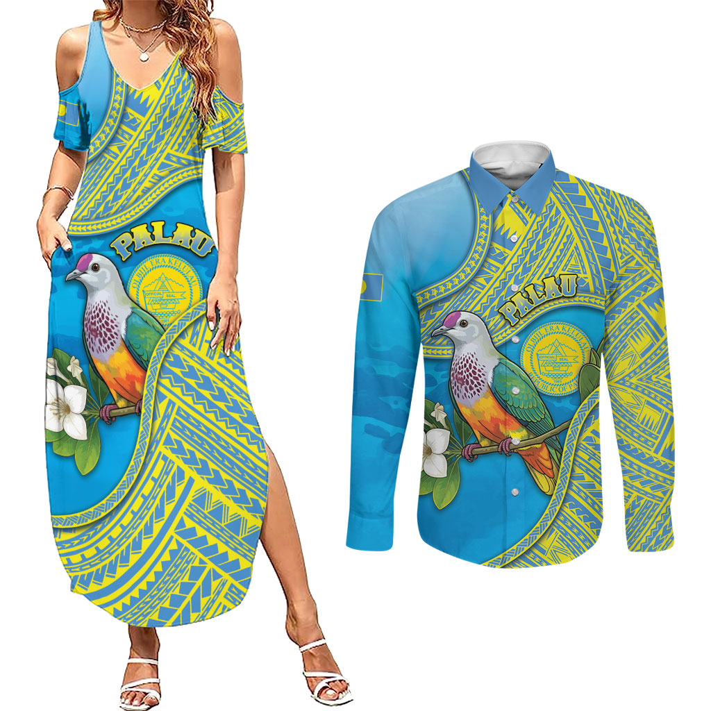 Personalised Palau Biib Bird Couples Matching Summer Maxi Dress and Long Sleeve Button Shirt Rur Flower And Rock Islands Patterns
