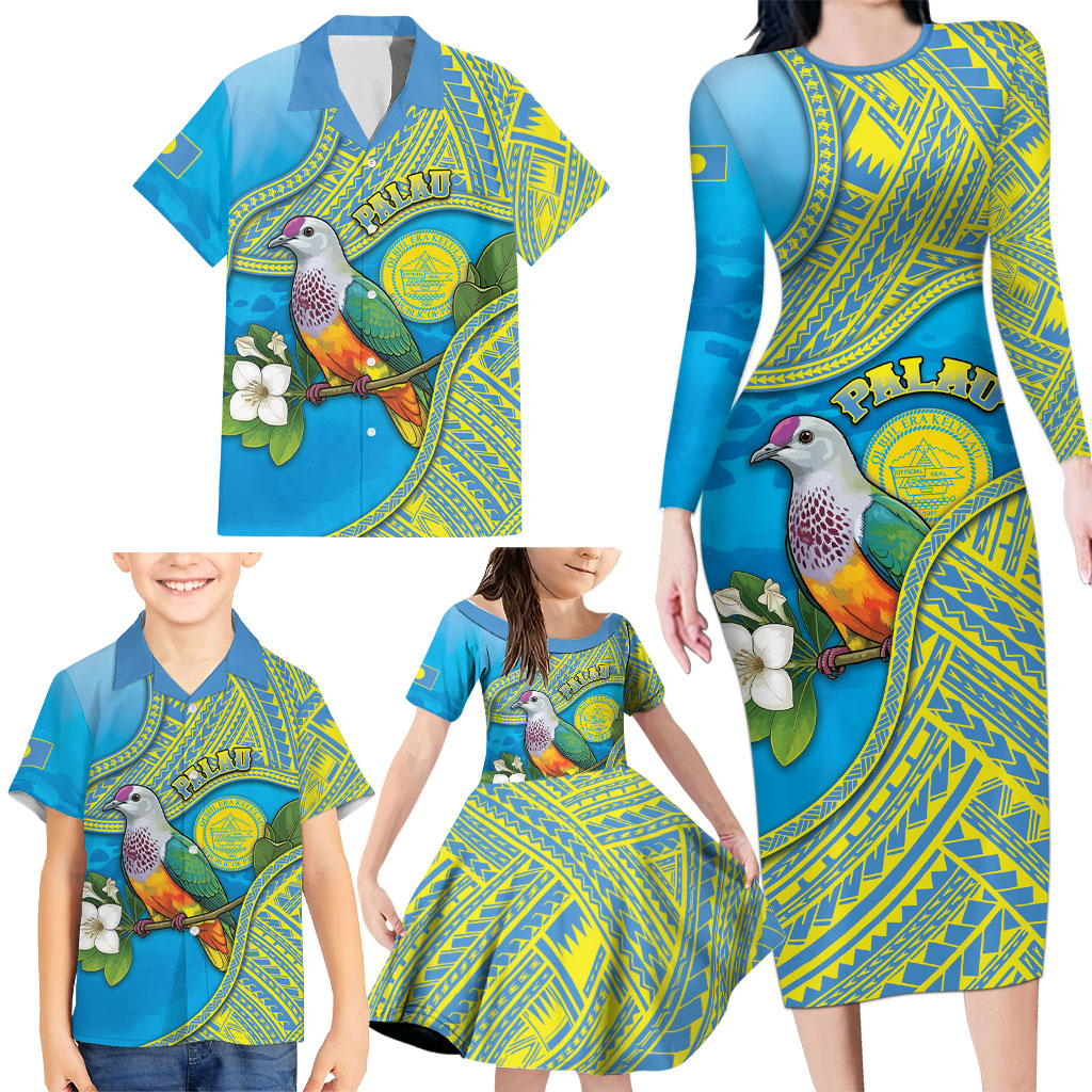 Personalised Palau Biib Bird Family Matching Long Sleeve Bodycon Dress and Hawaiian Shirt Rur Flower And Rock Islands Patterns