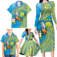 Personalised Palau Biib Bird Family Matching Long Sleeve Bodycon Dress and Hawaiian Shirt Rur Flower And Rock Islands Patterns