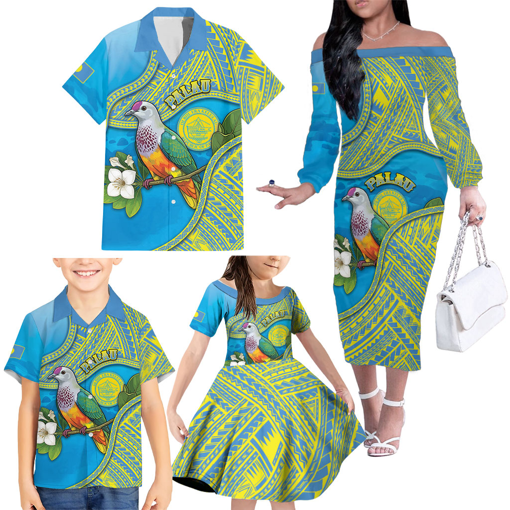 Personalised Palau Biib Bird Family Matching Off The Shoulder Long Sleeve Dress and Hawaiian Shirt Rur Flower And Rock Islands Patterns