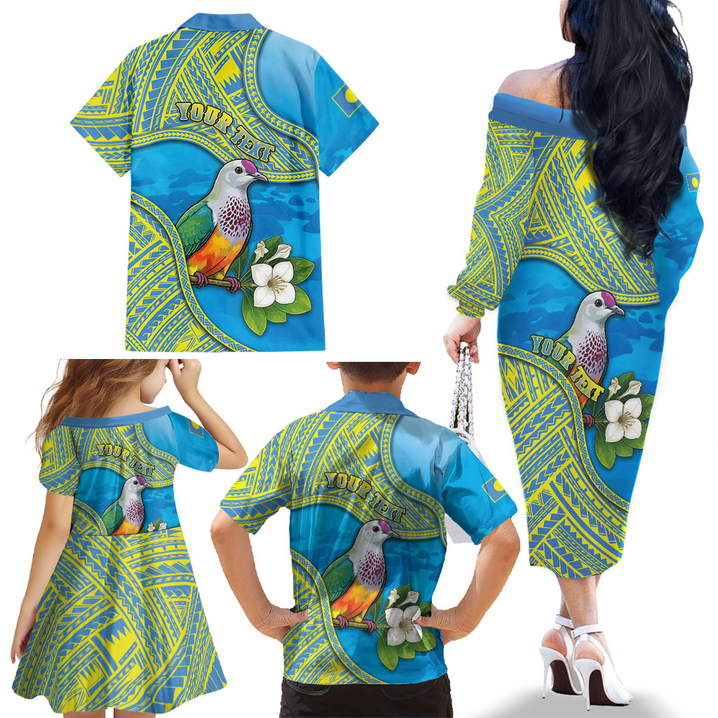 Personalised Palau Biib Bird Family Matching Off The Shoulder Long Sleeve Dress and Hawaiian Shirt Rur Flower And Rock Islands Patterns