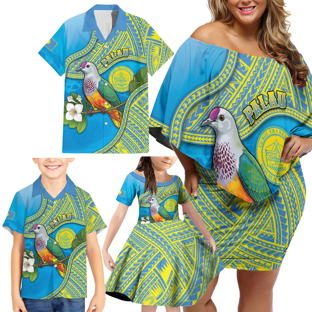 Personalised Palau Biib Bird Family Matching Off Shoulder Short Dress and Hawaiian Shirt Rur Flower And Rock Islands Patterns DT05 - Polynesian Pride