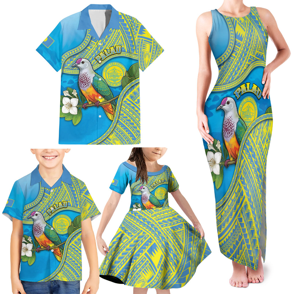 Personalised Palau Biib Bird Family Matching Tank Maxi Dress and Hawaiian Shirt Rur Flower And Rock Islands Patterns