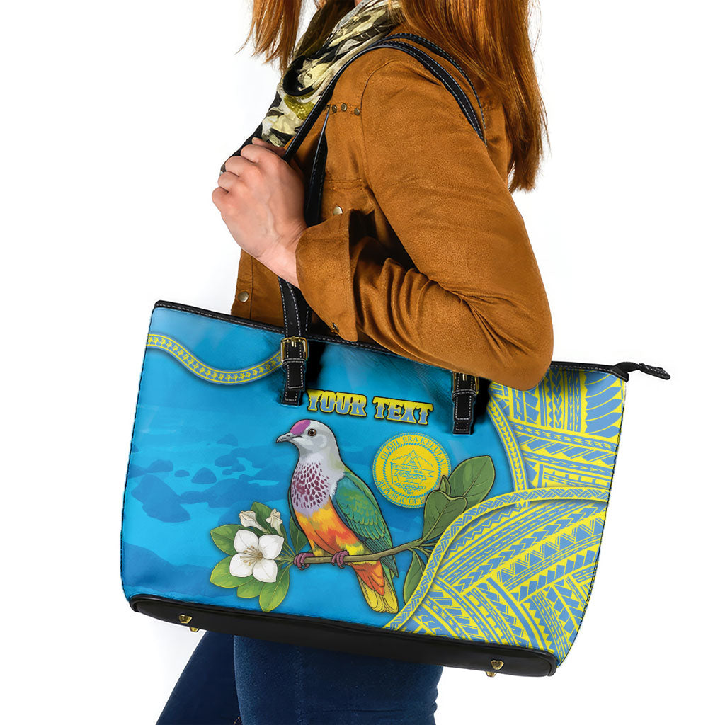 Personalised Palau Biib Bird Leather Tote Bag Rur Flower And Rock Islands Patterns