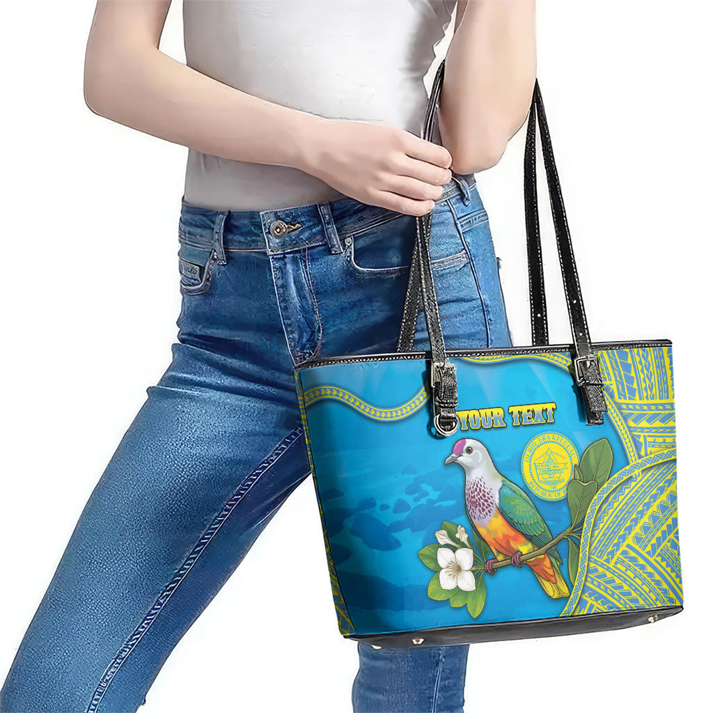 Personalised Palau Biib Bird Leather Tote Bag Rur Flower And Rock Islands Patterns