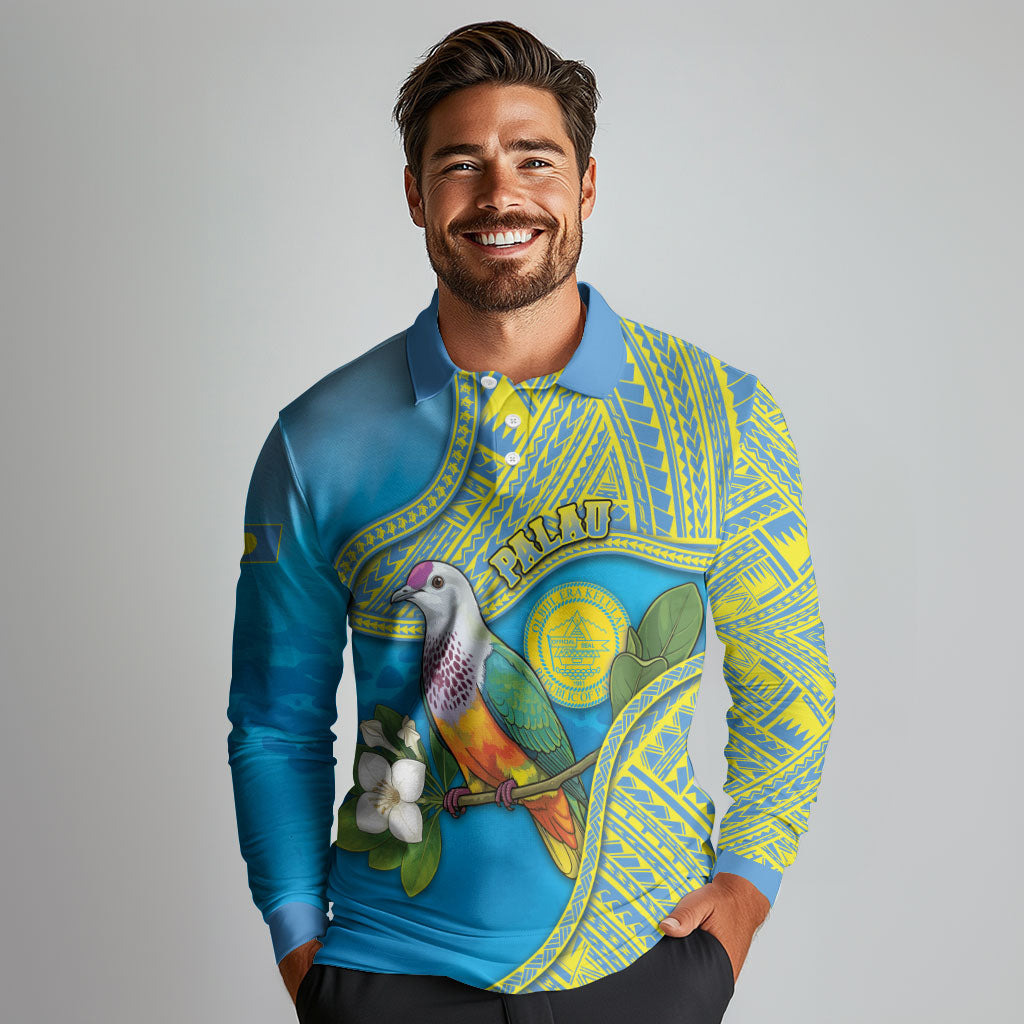 Personalised Palau Biib Bird Long Sleeve Polo Shirt Rur Flower And Rock Islands Patterns