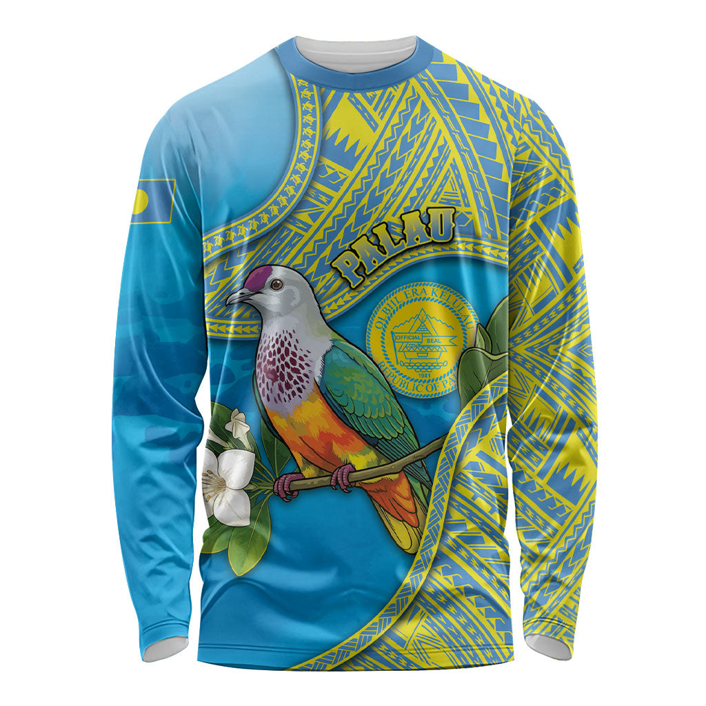 Personalised Palau Biib Bird Long Sleeve Shirt Rur Flower And Rock Islands Patterns DT05 Unisex Blue - Polynesian Pride