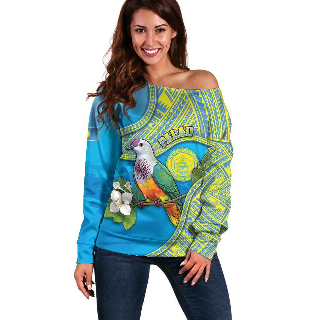 Personalised Palau Biib Bird Off Shoulder Sweater Rur Flower And Rock Islands Patterns