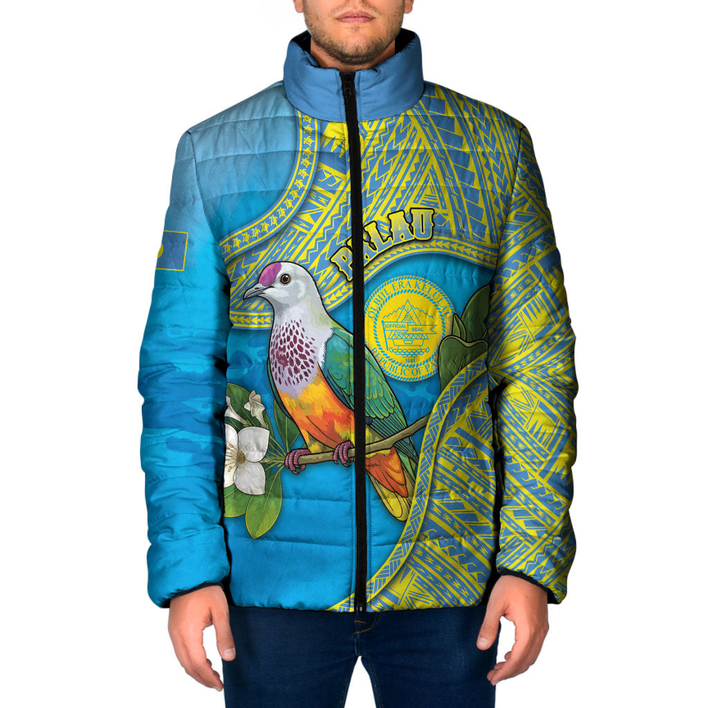 Personalised Palau Biib Bird Padded Jacket Rur Flower And Rock Islands Patterns DT05 Men Blue - Polynesian Pride
